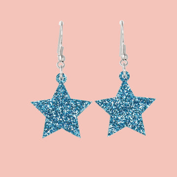 Blue glitter star charms on stainless steel earwires