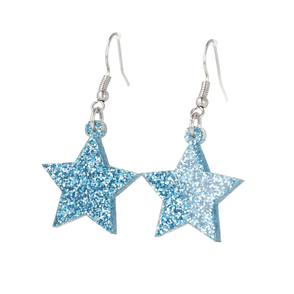 Blue glitter star charms on stainless steel earwires