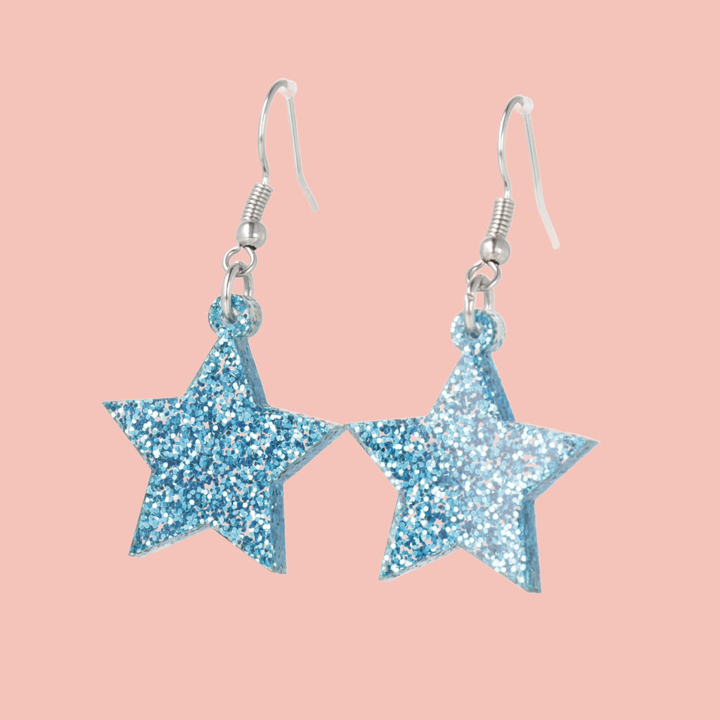 Blue glitter star charms on stainless steel earwires