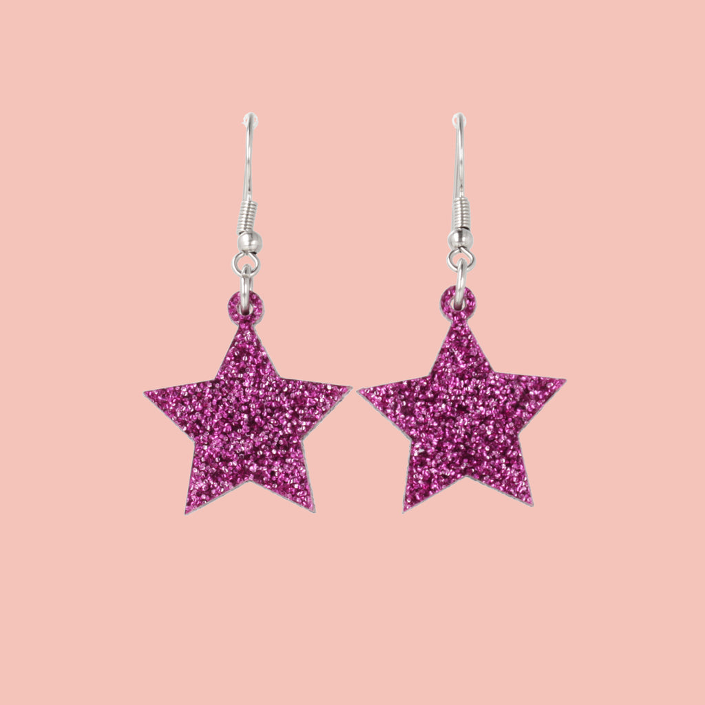 Purple glitter acrylic star charms on stainless steel earwires