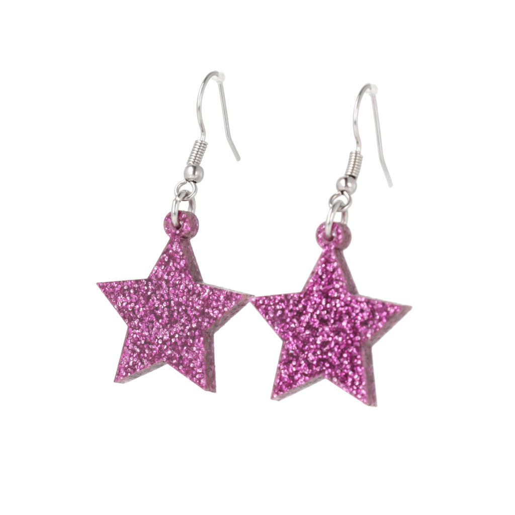 Purple glitter acrylic star charms on stainless steel earwires