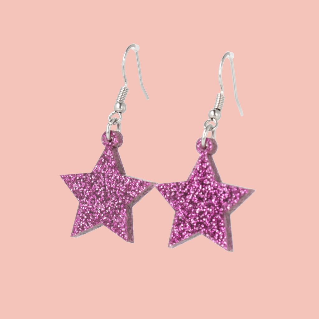 Purple glitter acrylic star charms on stainless steel earwires