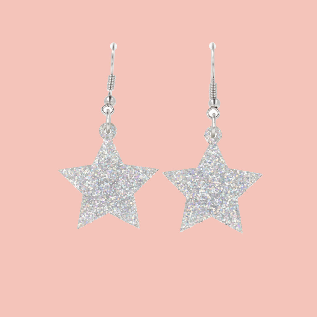 Silver holographic glitter star charms on stainless steel earwires