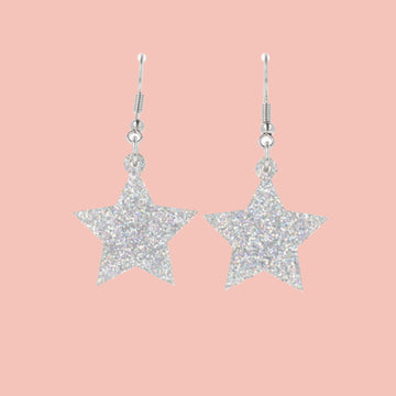 Silver holographic glitter star charms on stainless steel earwires