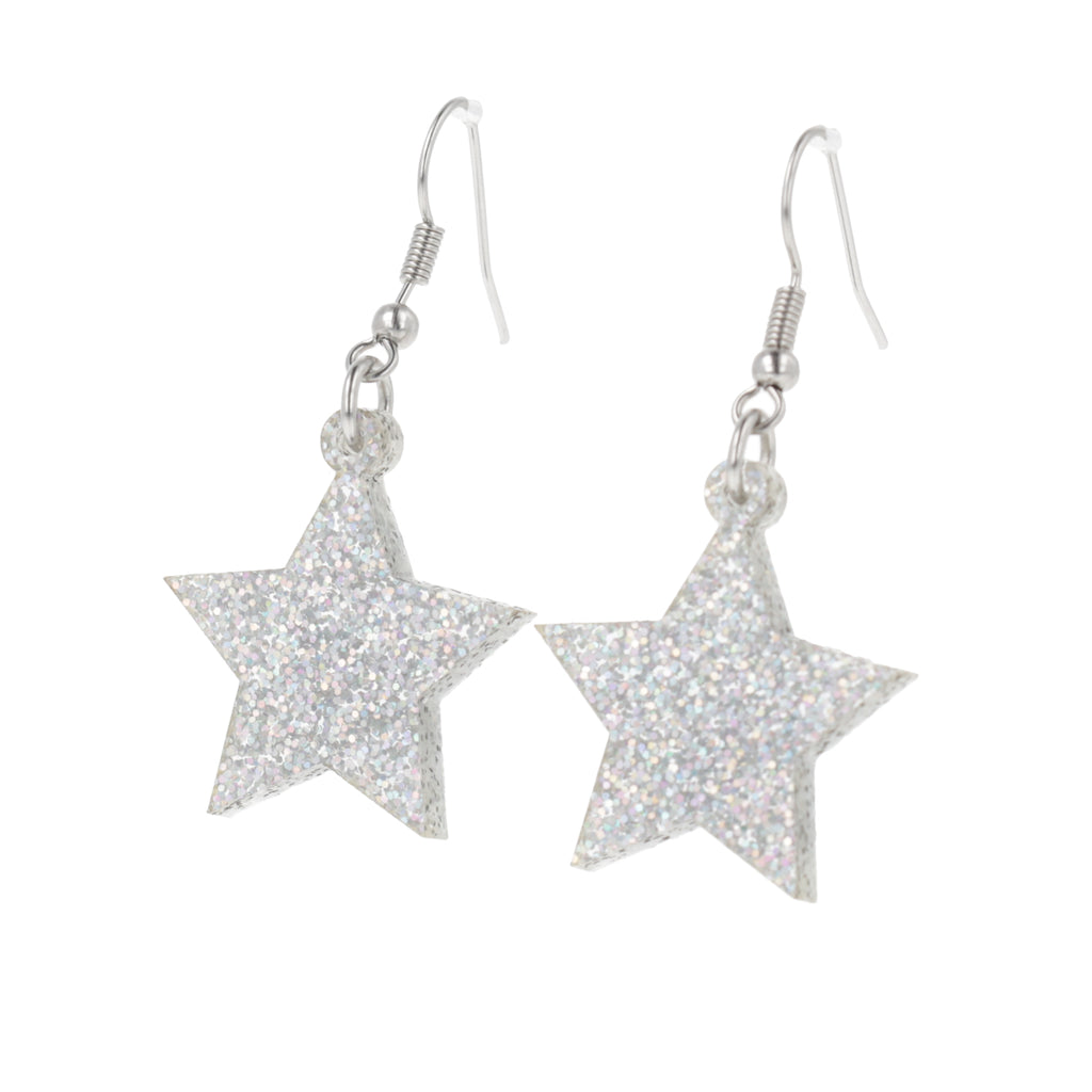 Silver holographic glitter star charms on stainless steel earwires