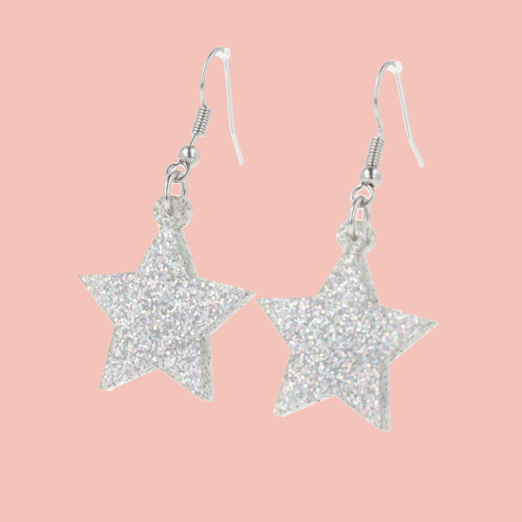 Silver holographic glitter star charms on stainless steel earwires