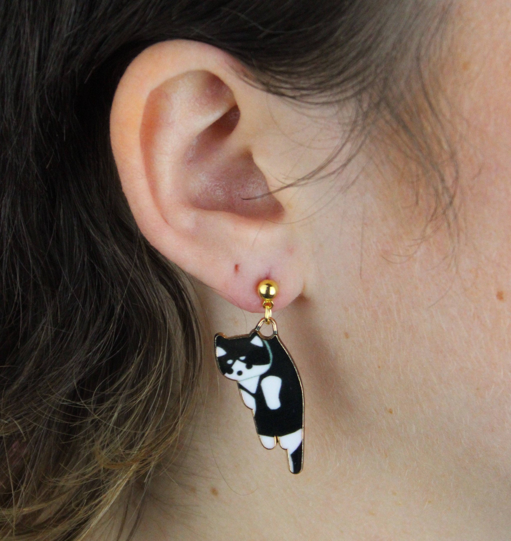 Black White Cat Earrings Gold Plated