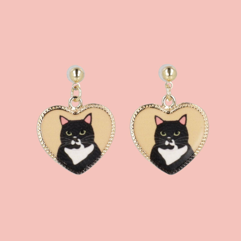 Black Cat Heart Stud Earrings - Sour Cherry