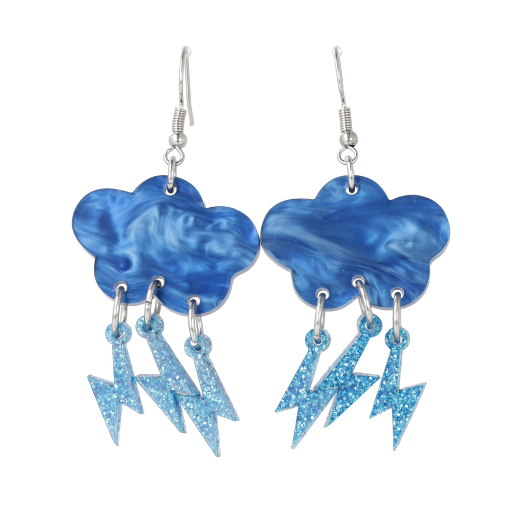 Blue marble clouds attached to blue glitter lightning bolt charms on stainless steel earwires