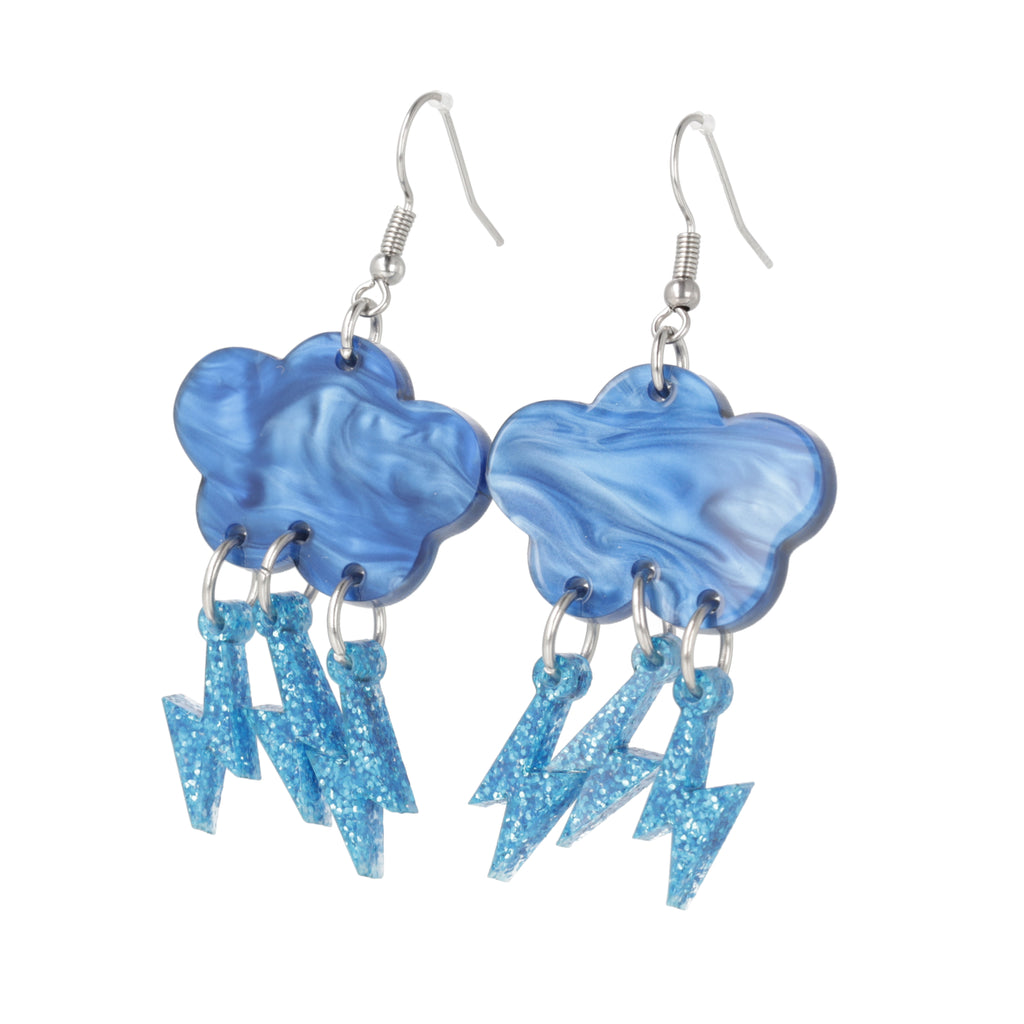 Blue marble clouds attached to blue glitter lightning bolt charms on stainless steel earwires