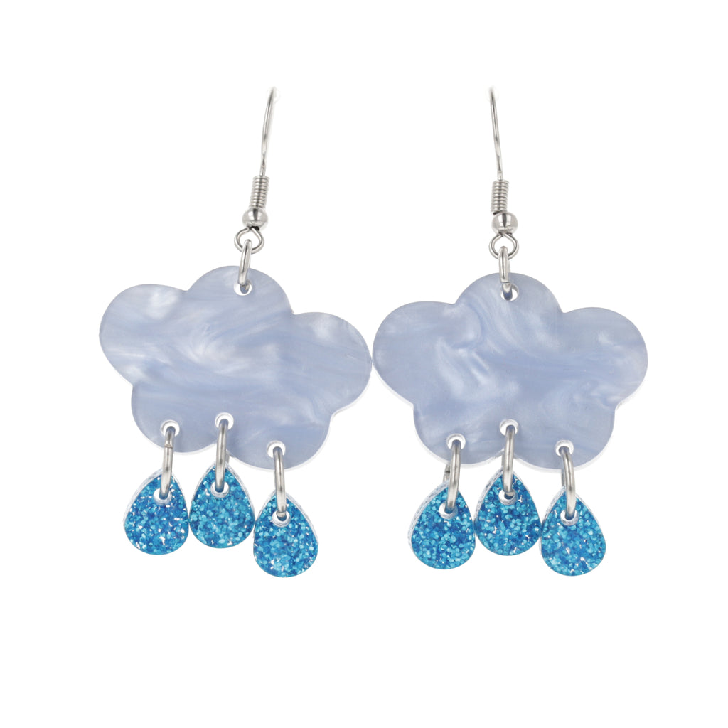 Baby blue marble clouds and blue glitter acrylic raindrop charms on stainless steel earwires