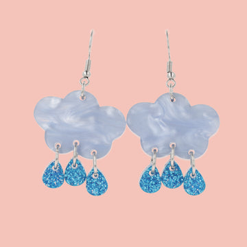 Baby blue marble clouds and blue glitter acrylic raindrop charms on stainless steel earwires