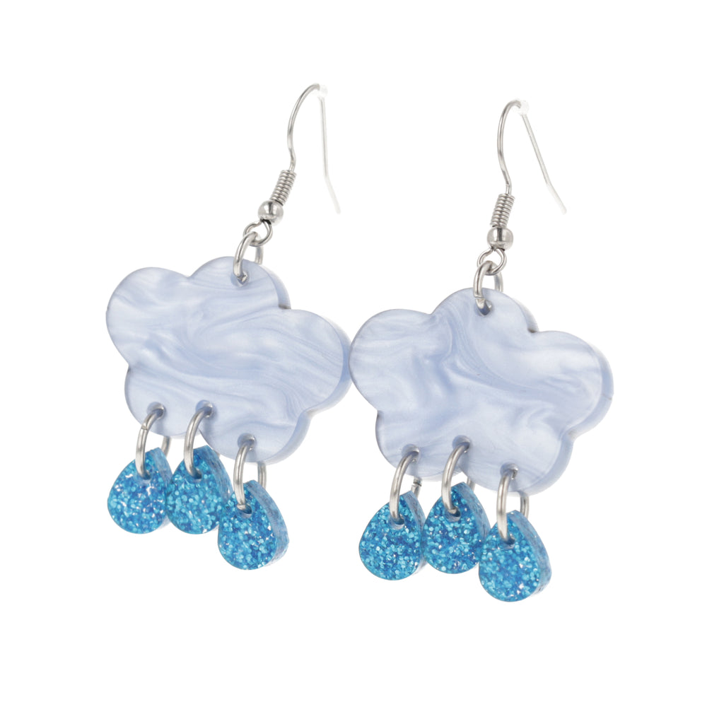 Baby blue marble clouds and blue glitter acrylic raindrop charms on stainless steel earwires