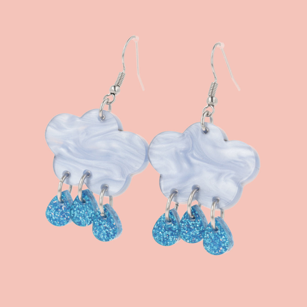 Baby blue marble clouds and blue glitter acrylic raindrop charms on stainless steel earwires