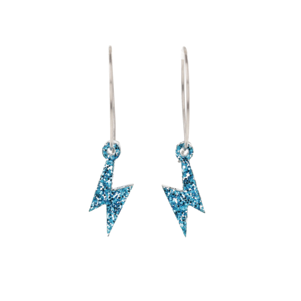 Mini Blue Glitter Lightning Bolt charms on stainless steel hoops