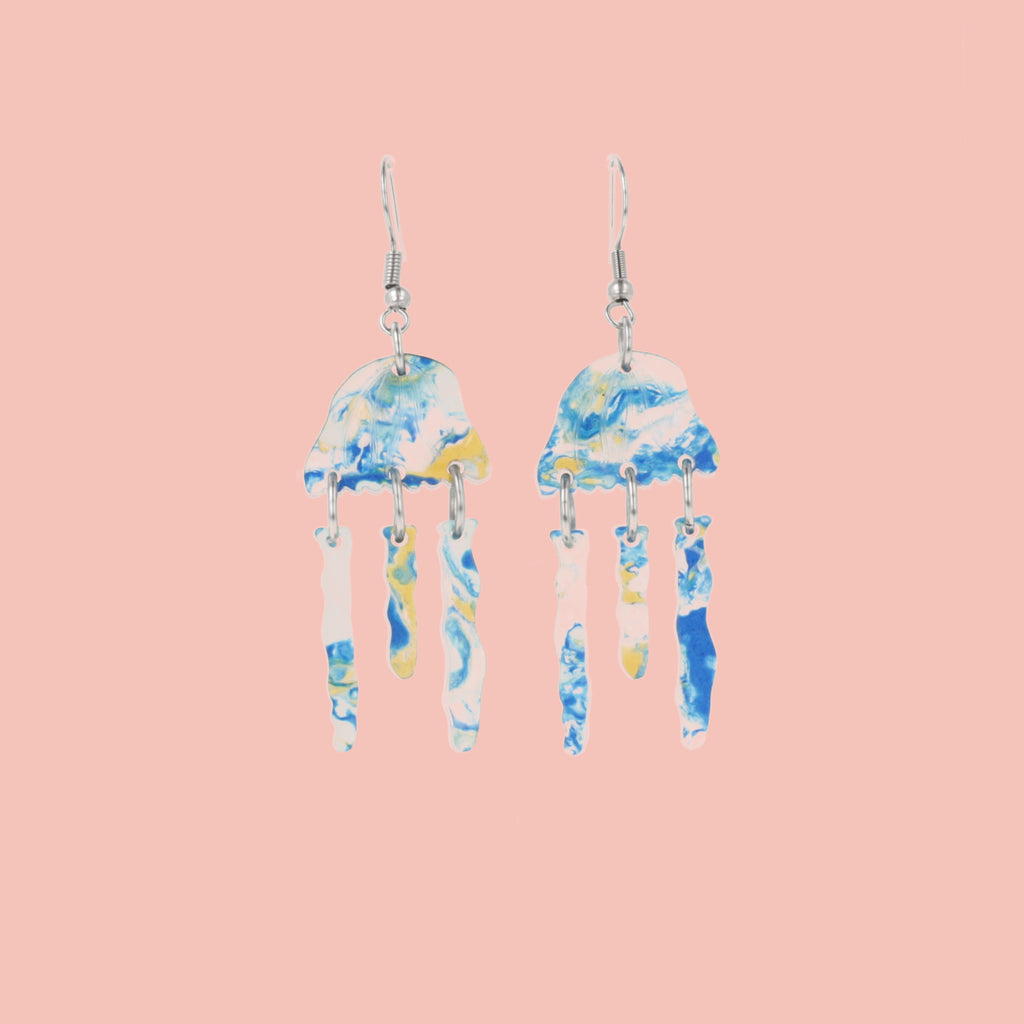 Blue abalone jellyfish charms on stainless steel earwires