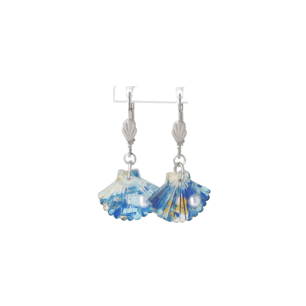 Blue abalone shell charms with a faux pearl on stainless steel hoops