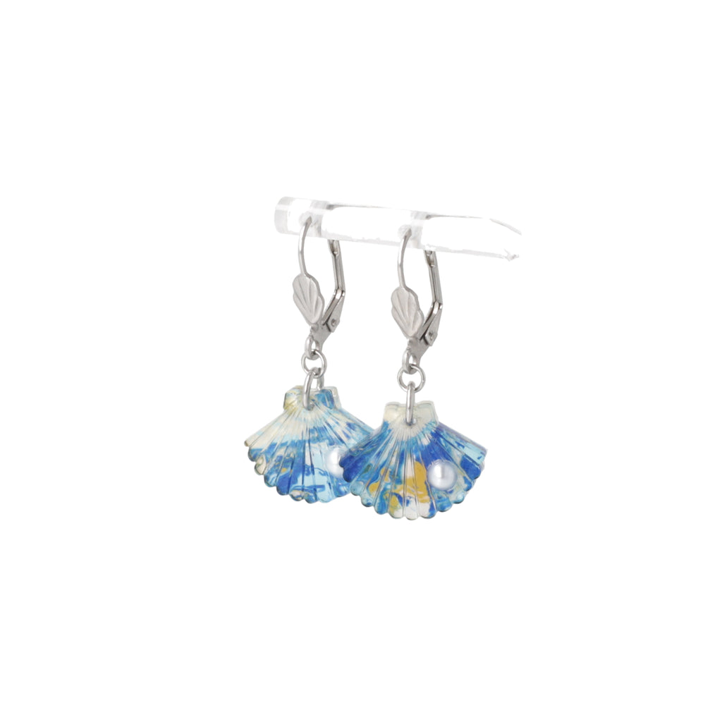 Blue abalone shell charms with a faux pearl on stainless steel hoops