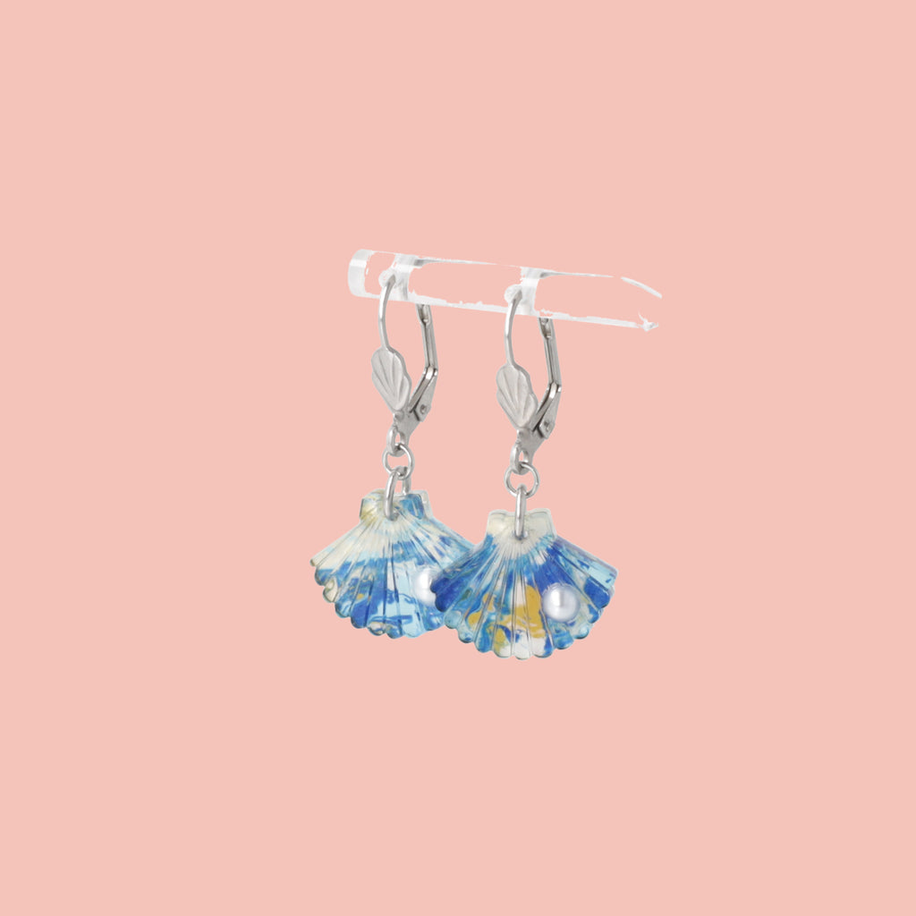 Blue abalone shell charms with a faux pearl on stainless steel hoops