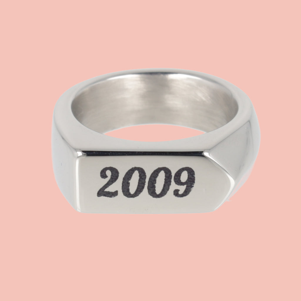 Chunky stainless steel ring with birth year engraved in black