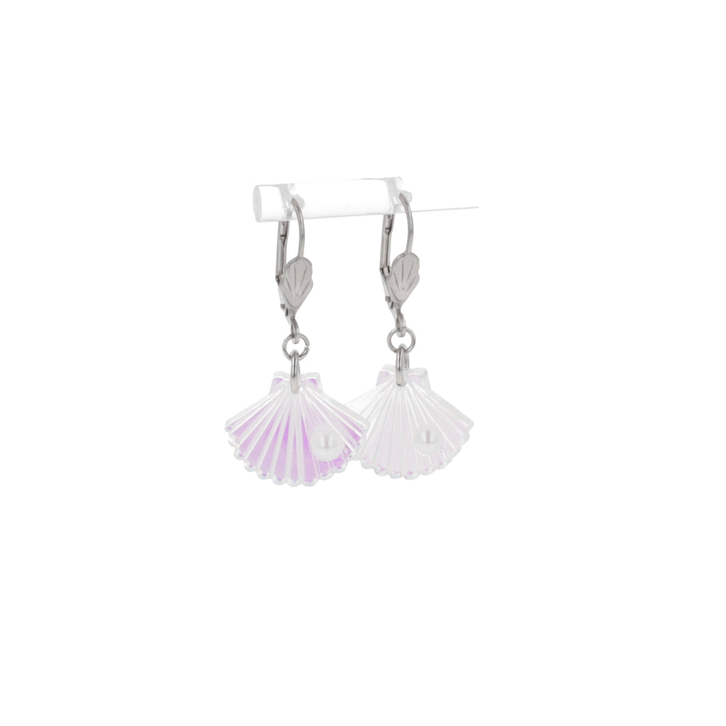 Iridescent shell charms featuring a faux pearl on stainless steel hoops