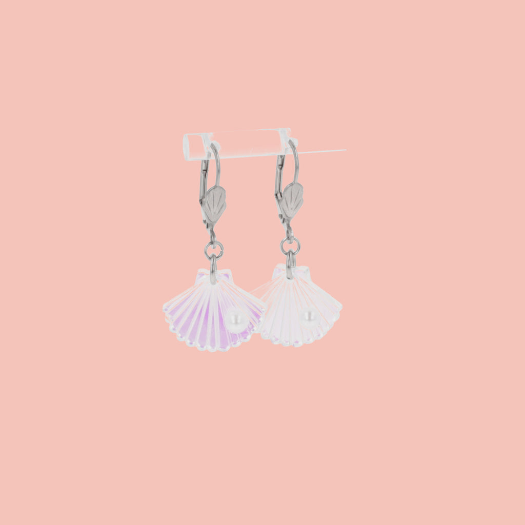 Iridescent shell charms featuring a faux pearl on stainless steel hoops