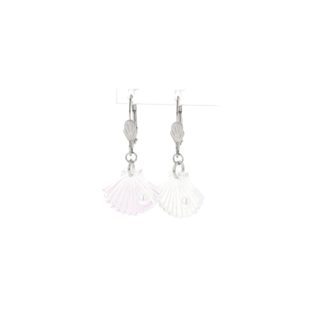 Iridescent shell charms featuring a faux pearl on stainless steel hoops