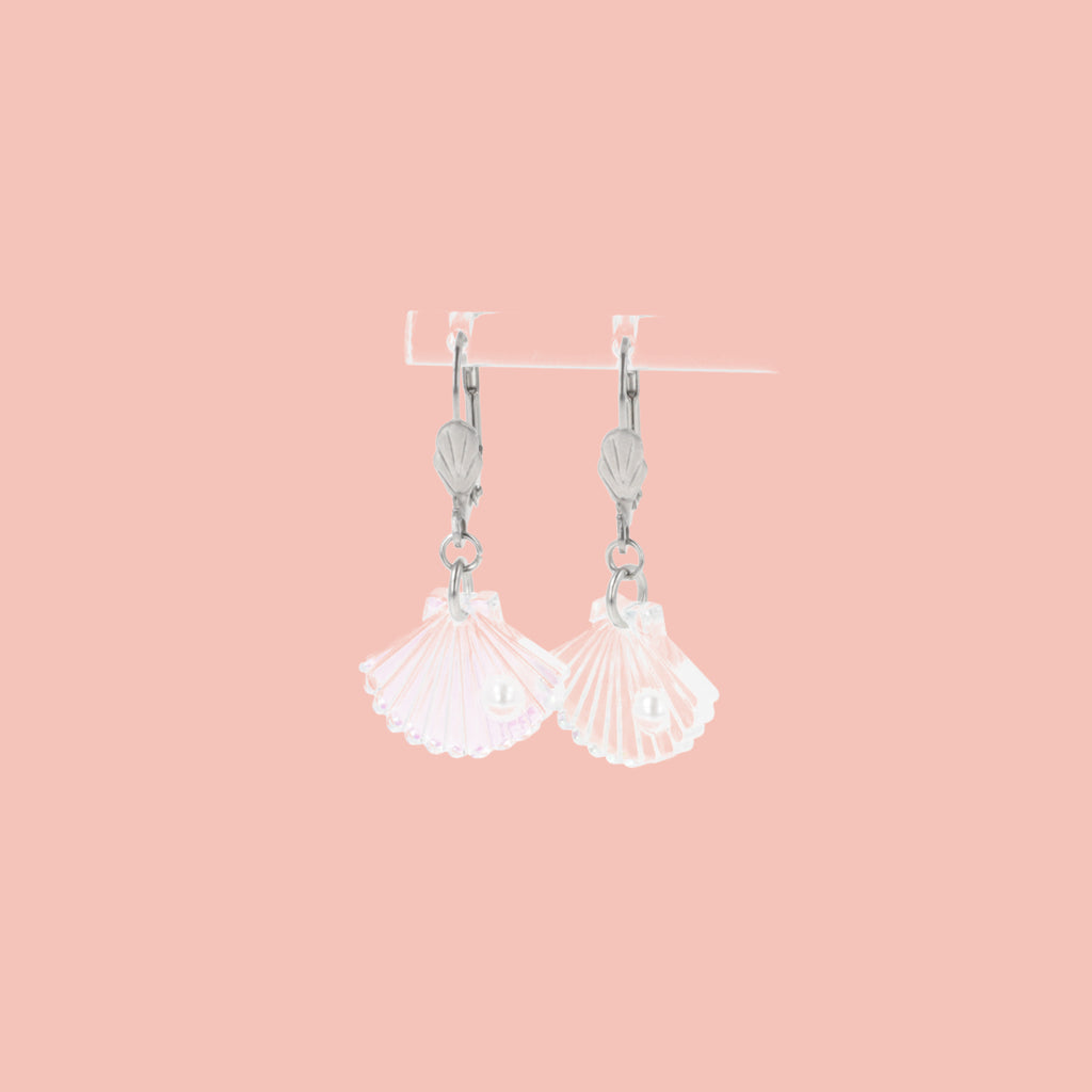 Iridescent shell charms featuring a faux pearl on stainless steel hoops