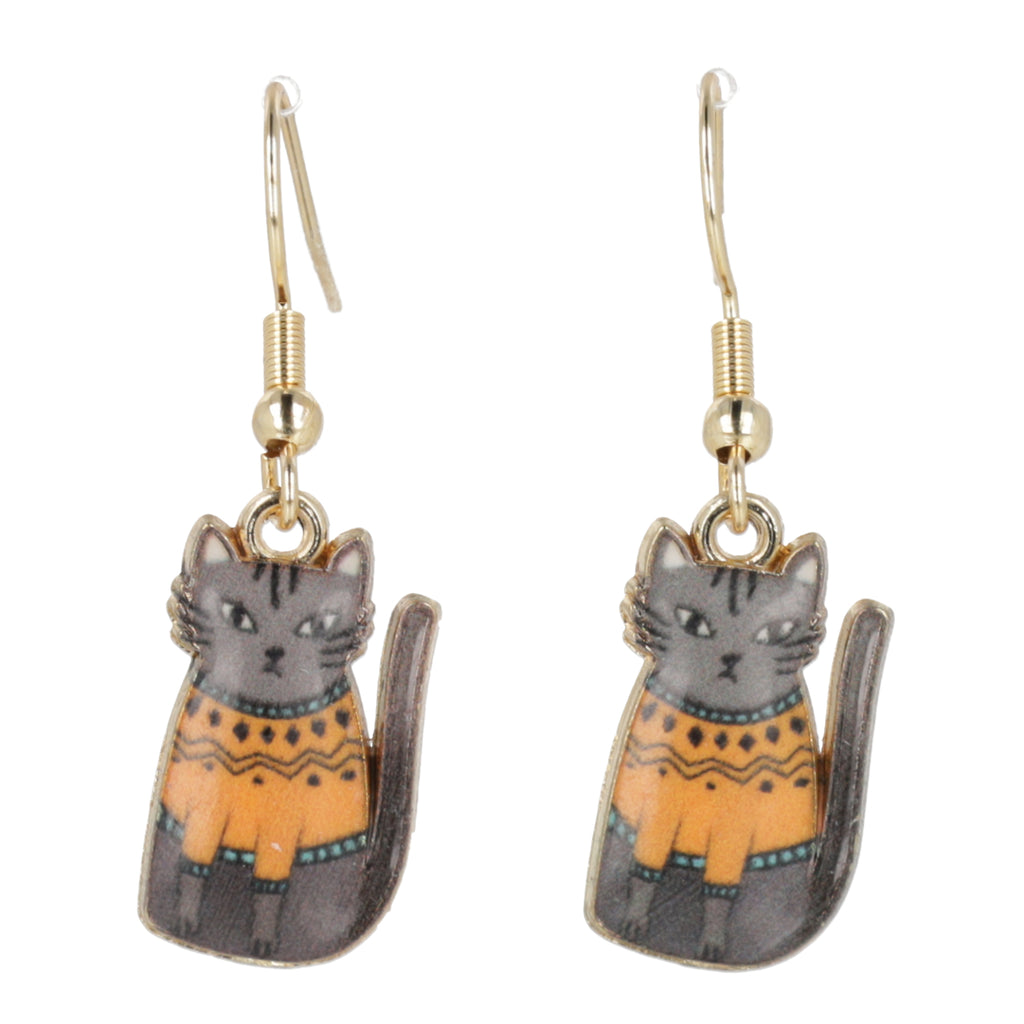 Charms featuring a grey cat with an orange jumper on gold plated stainless steel earwires