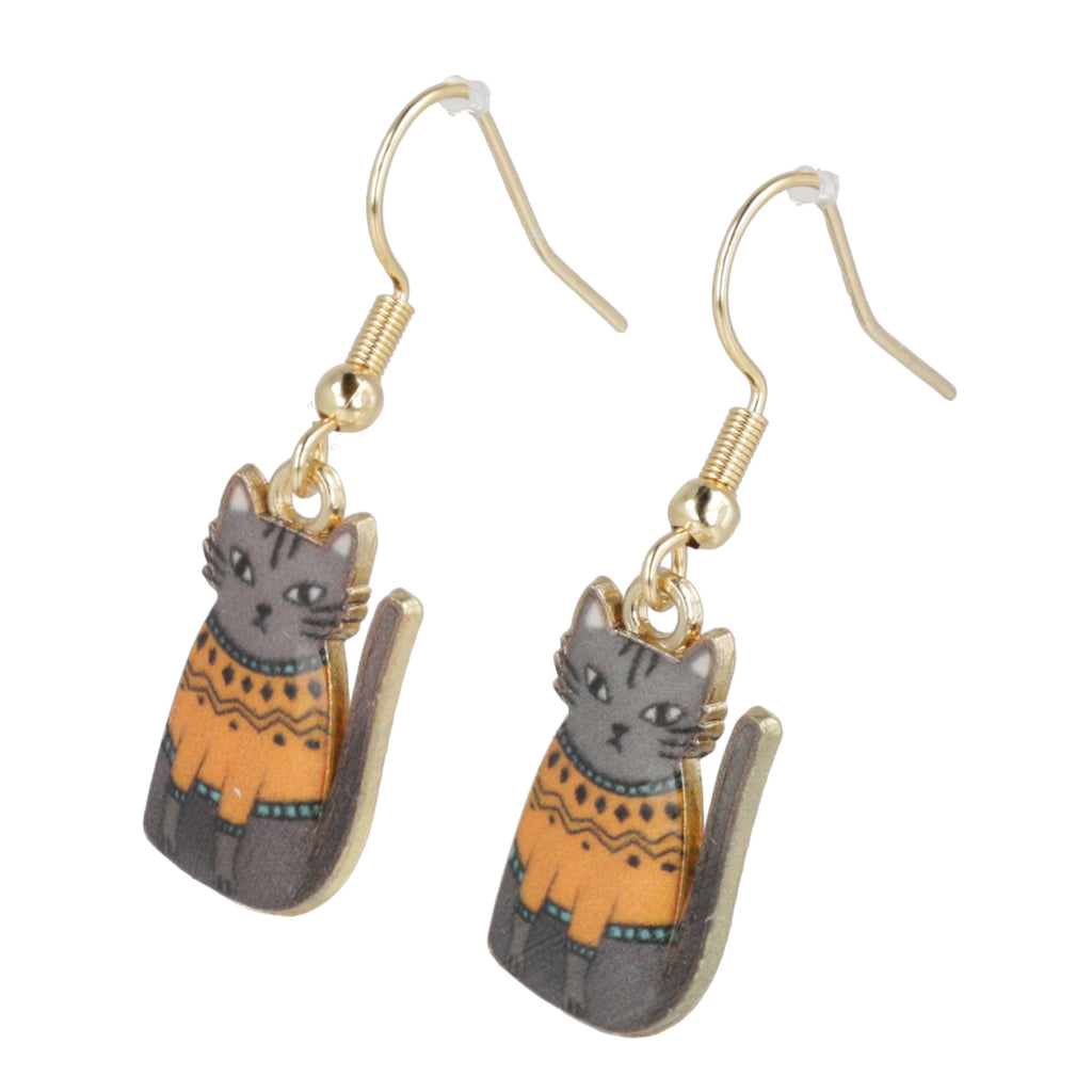 Charms featuring a grey cat with an orange jumper on gold plated stainless steel earwires