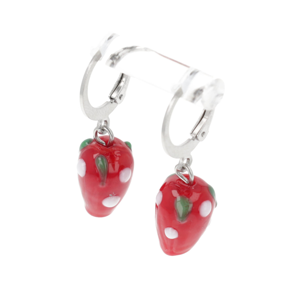 Glass strawberry charms on stainless steel huggie hoops