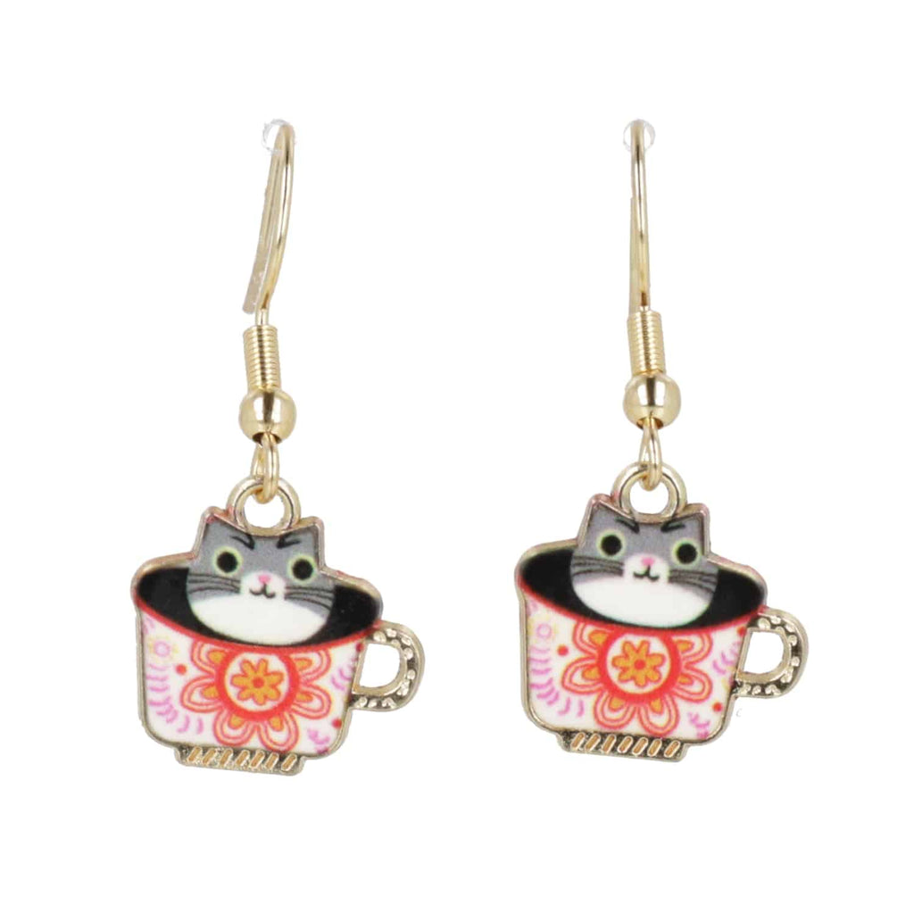 Grey Teacup Cat Earrings - Sour Cherry