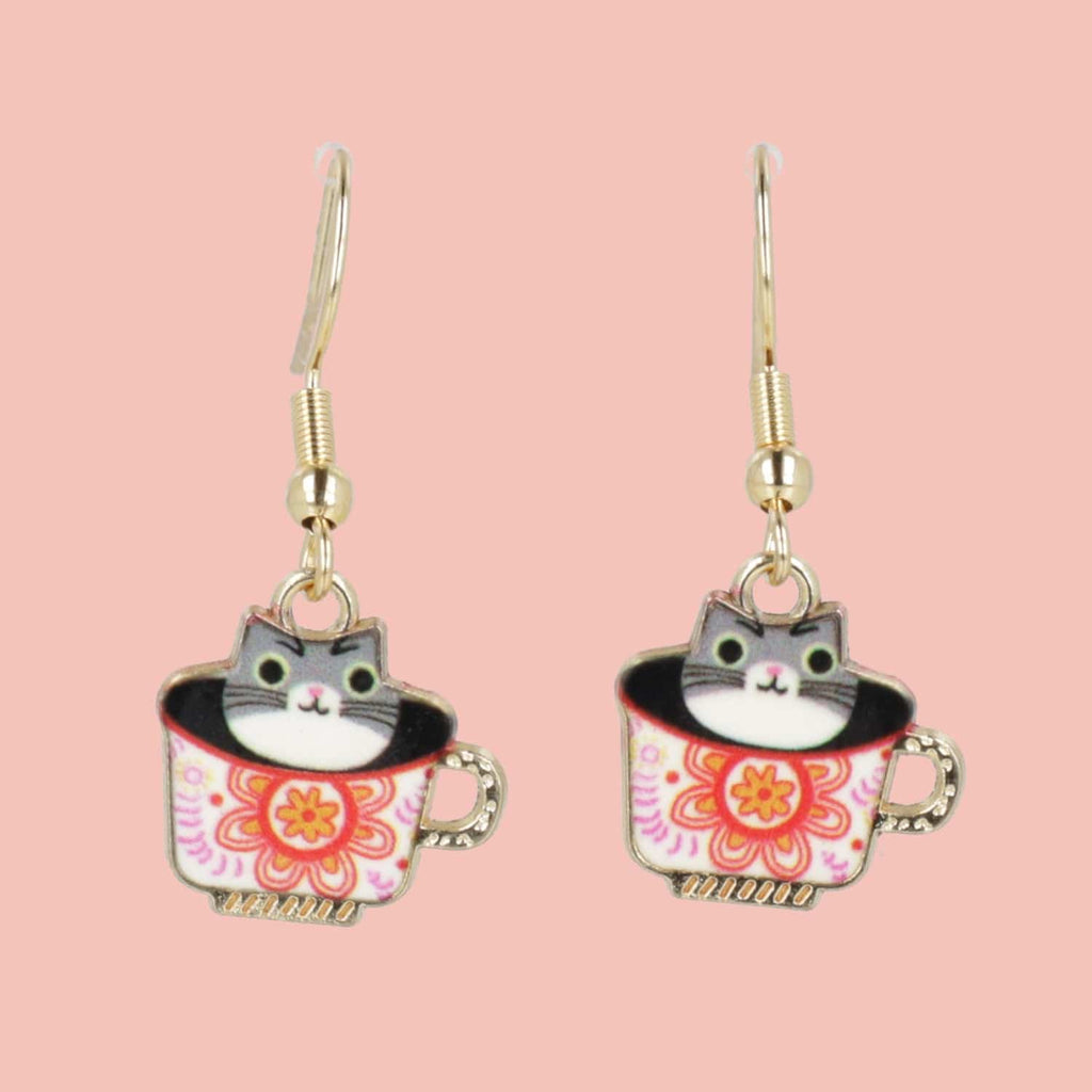 Grey Teacup Cat Earrings - Sour Cherry