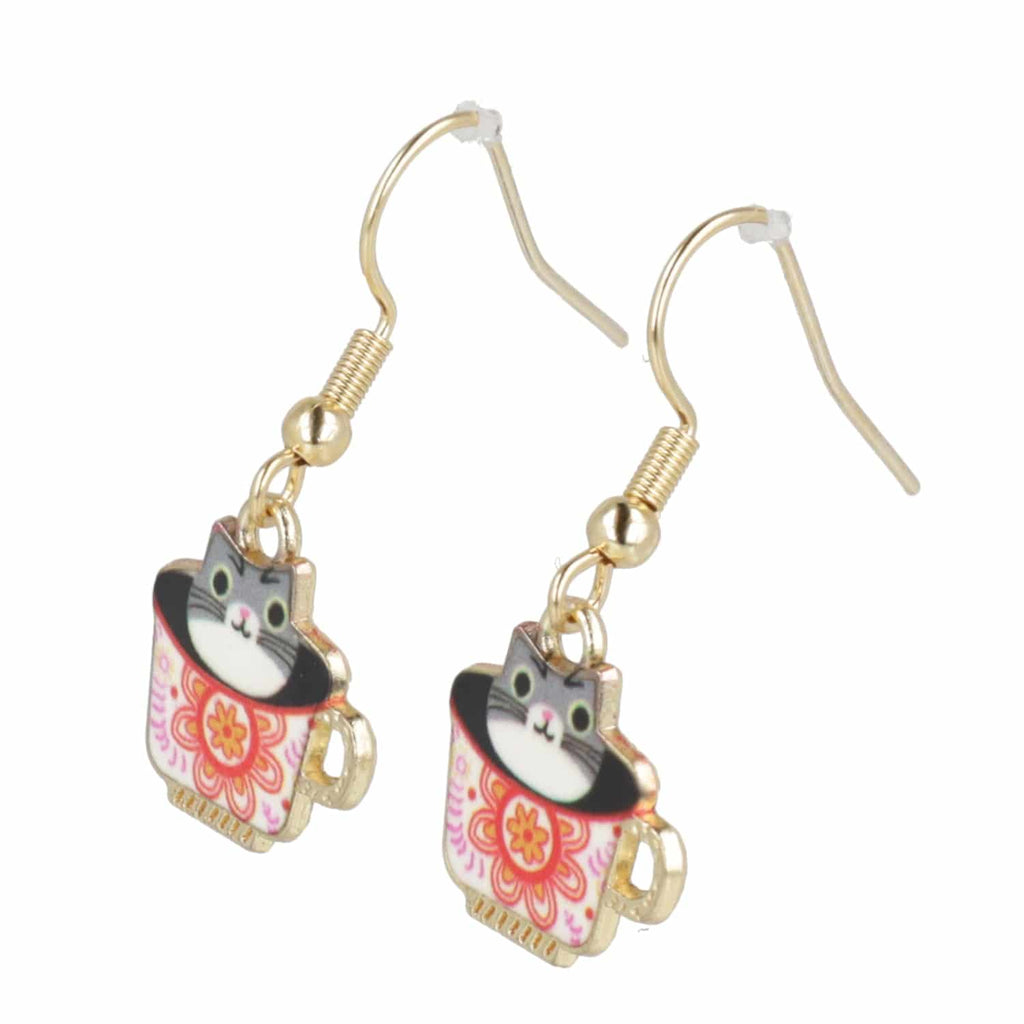 Grey Teacup Cat Earrings - Sour Cherry