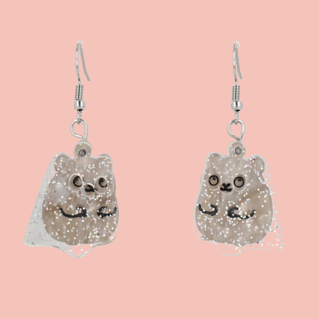 Grey hamster charms with an additional layer of holographic glitter to replicate a ghost on stainless steel earwires