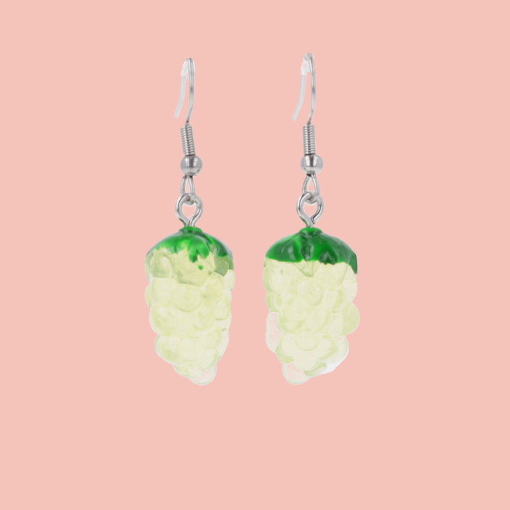 Charms featuring a green bunch of grapes on stainless steel earwires