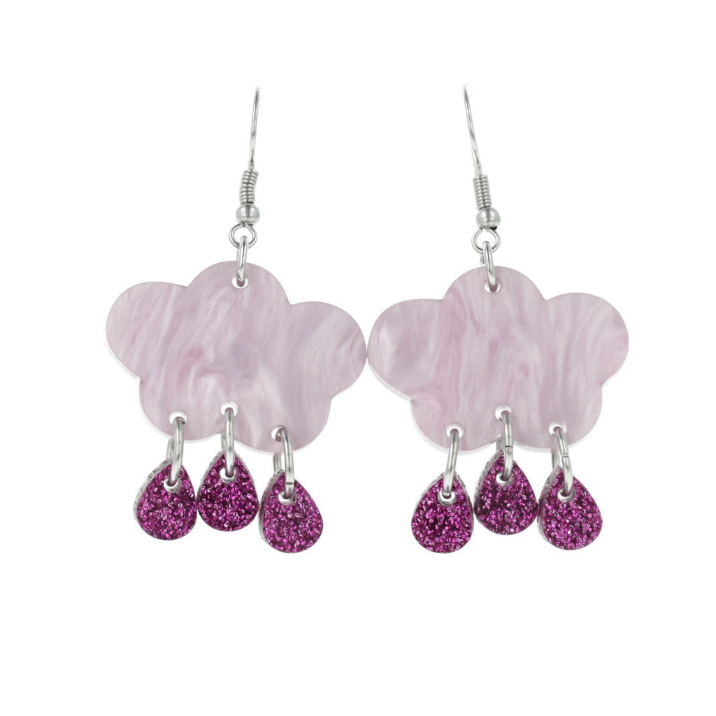 Lilac marble clouds and purple glitter acrylic raindrop charms on stainless steel earwires