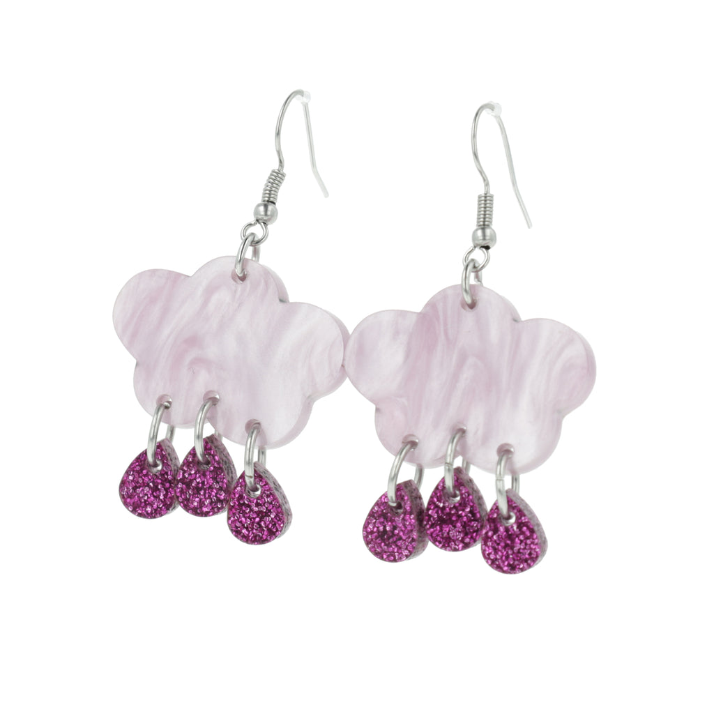 Lilac marble clouds and purple glitter acrylic raindrop charms on stainless steel earwires