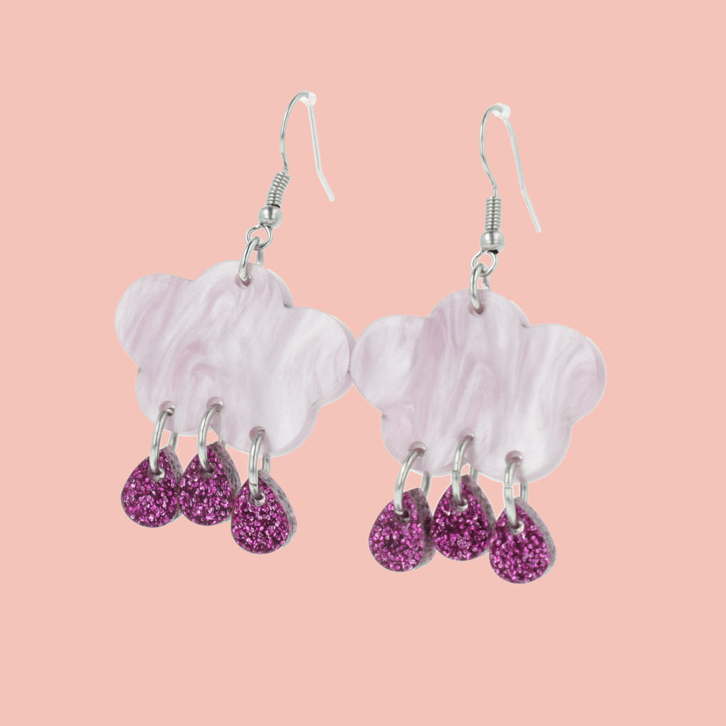 Lilac marble clouds and purple glitter acrylic raindrop charms on stainless steel earwires