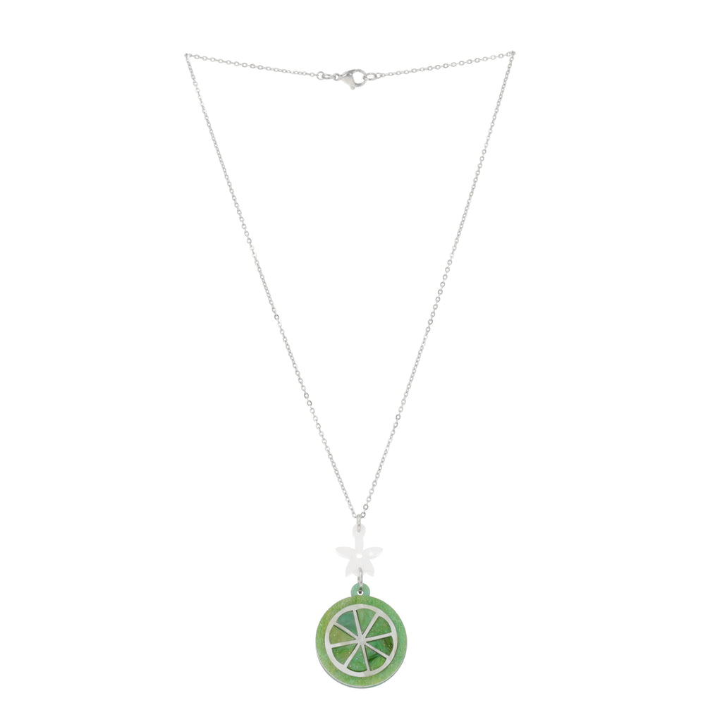 Lime slice pendant suspended rom a white flower and stainless steel chain