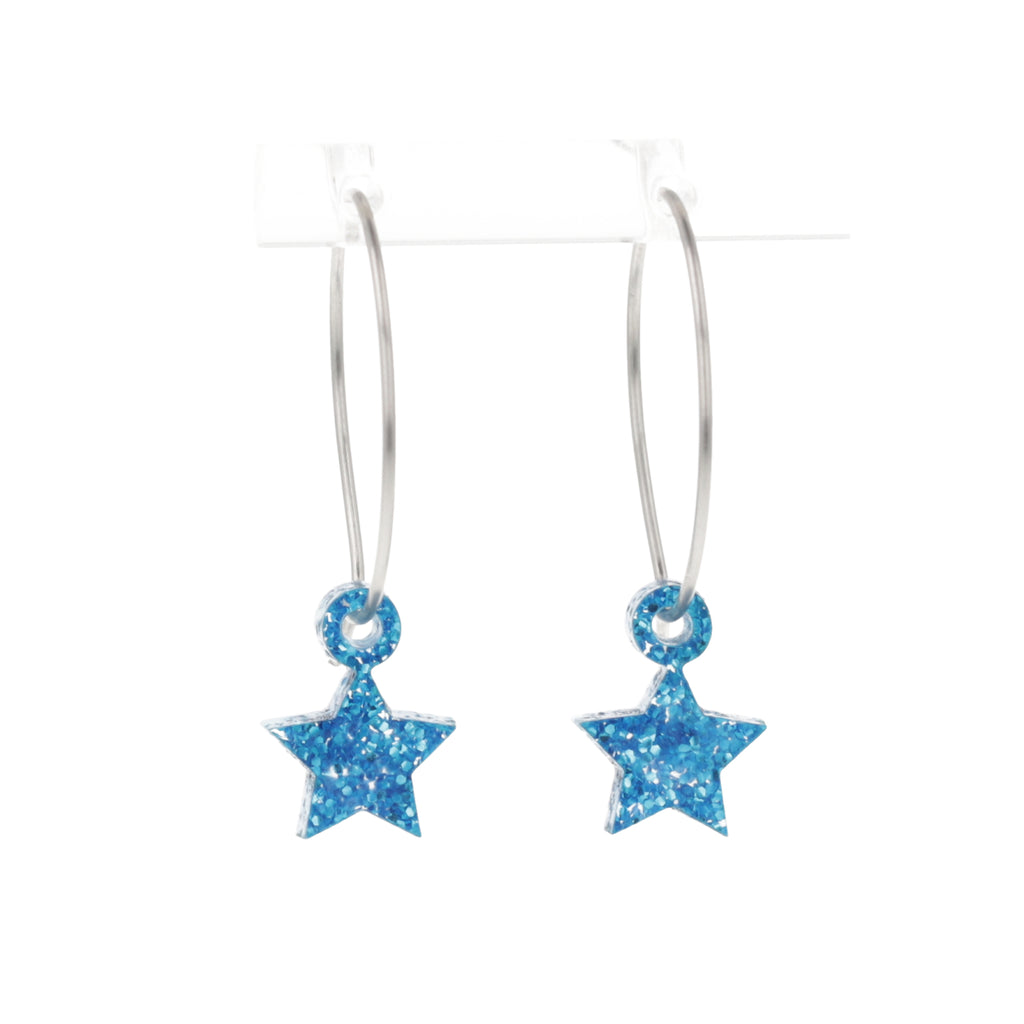 Mini blue glitter acrylic star charms on stainless steel hoops