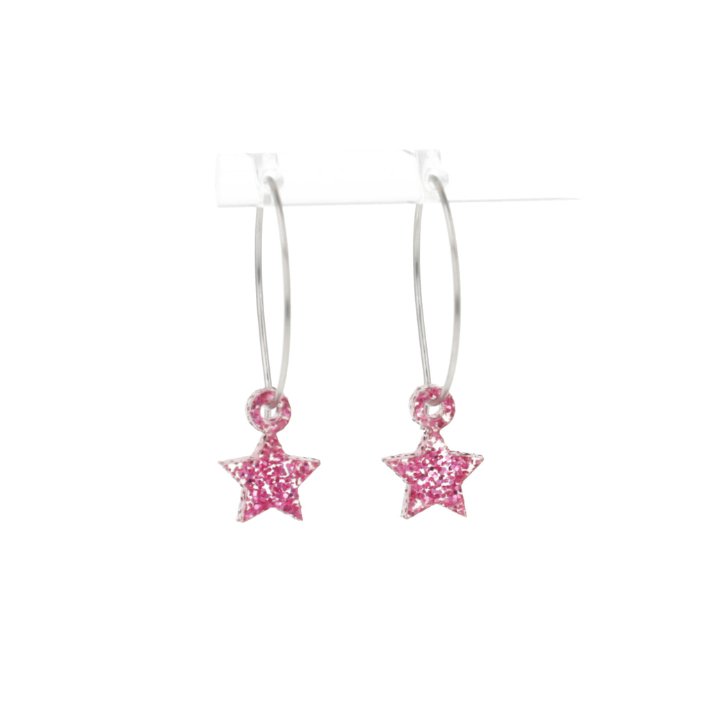 Mini pink glitter acrylic star charms on stainless steel hoops