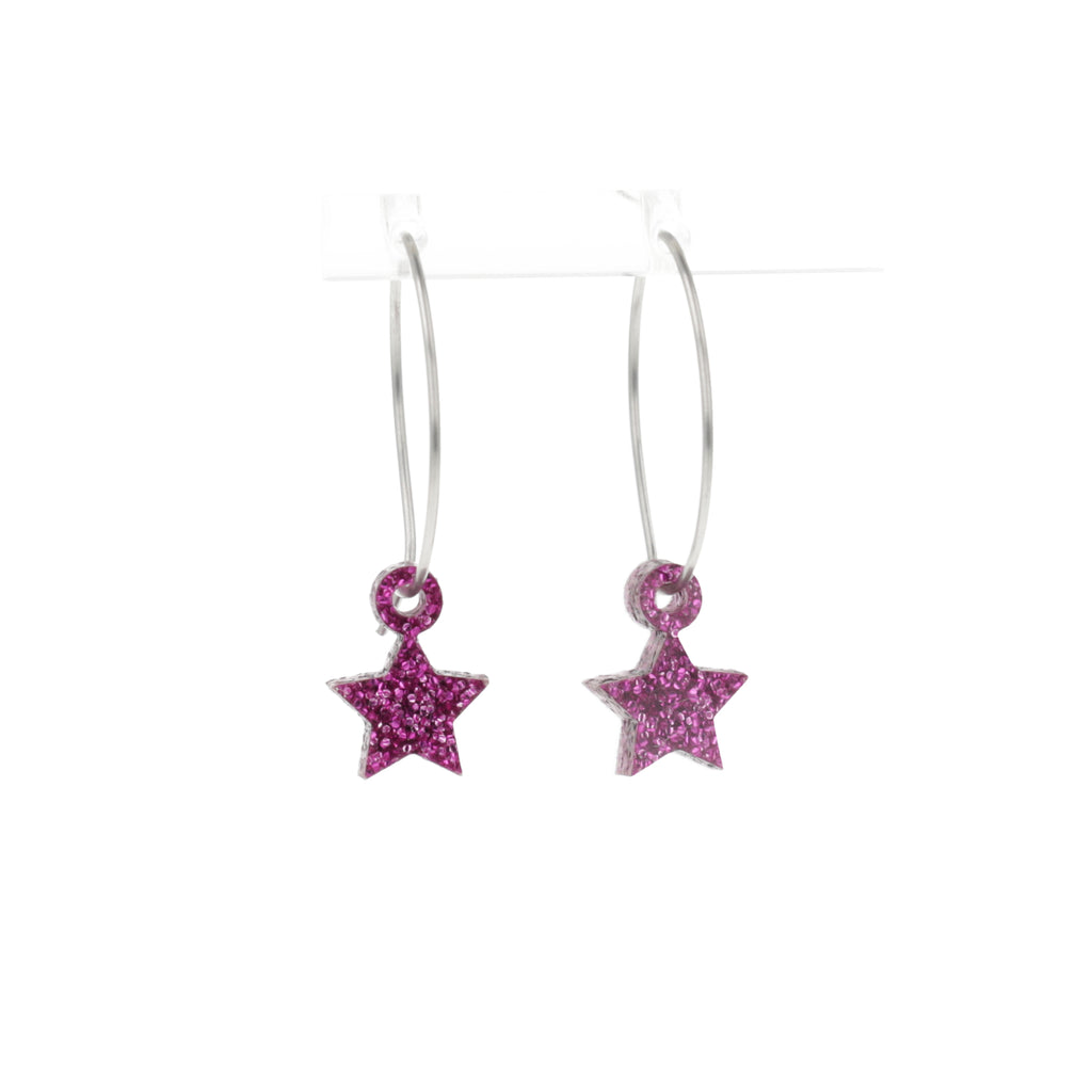 Mini purple glitter acrylic star charms on stainless steel hoops