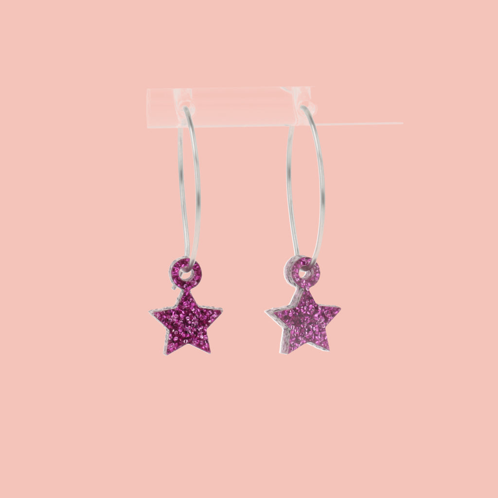 Mini purple glitter acrylic star charms on stainless steel hoops