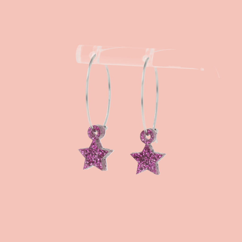 Mini purple glitter acrylic star charms on stainless steel hoops