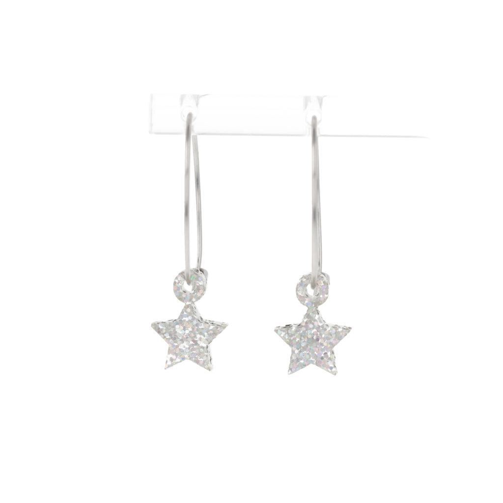 Mini silver glitter acrylic star charms on stainless steel hoops