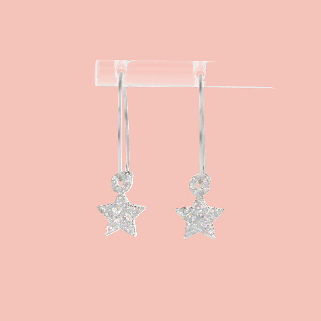 Mini silver glitter acrylic star charms on stainless steel hoops