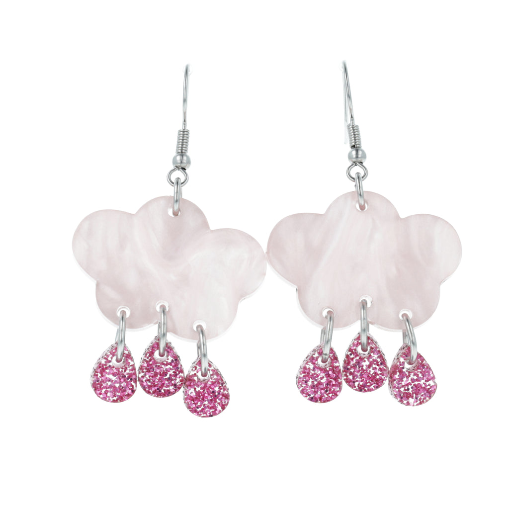 acrylic baby pink marble clouds and pink glitter acrylic raindrop charms on stainless steel earwires