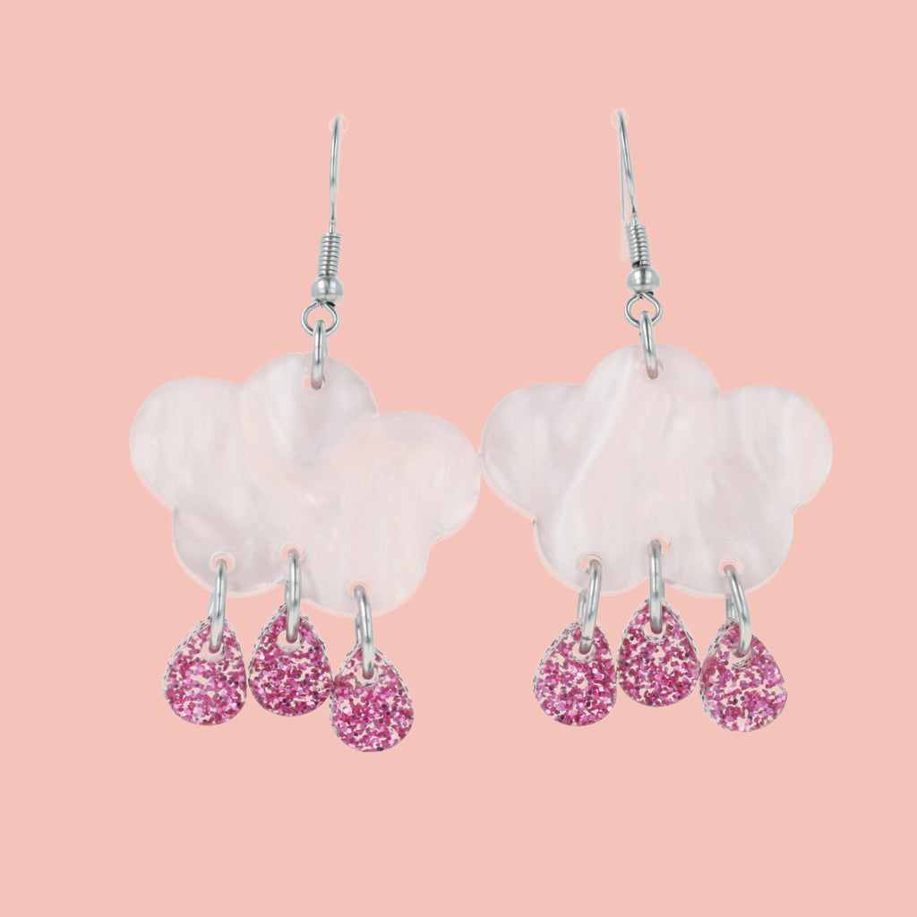 acrylic baby pink marble clouds and pink glitter acrylic raindrop charms on stainless steel earwires