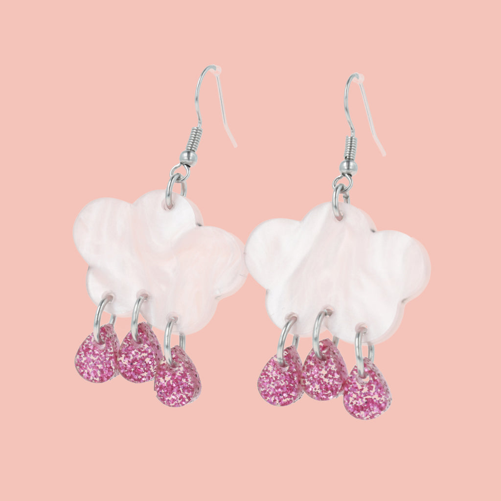 acrylic baby pink marble clouds and pink glitter acrylic raindrop charms on stainless steel earwires